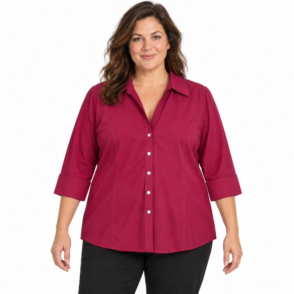 Talbots Button Down Shirt Women 16W Dark Pink Wrinkle Resistant 3/4 Sleeve